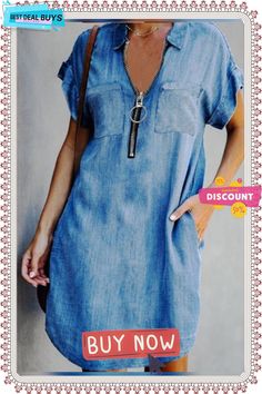 Short Sleeve Denim Casual Zipper Weaving Dress Casual Medium Wash Denim Dress With Back Zipper, Casual Blue Dress With Zipper Closure, Casual Denim Blue Denim Dress With Back Zipper, Casual Denim Dress With Back Zipper, Casual Denim Blue Dress With Back Zipper, Chic Summer Denim Dress With Back Zipper, Spring Denim Dress With Back Zipper, Spring Mini Denim Dress With Back Zipper, Denim Blue Dresses With Zipper Closure