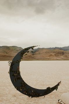 a crescent shaped sculpture sitting on top of a sandy beach