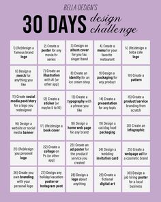 the 30 days challenge is shown in purple and white with black lettering on it, which includes