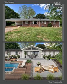 the before and after pictures of a house with a pool in the yard, and an empty