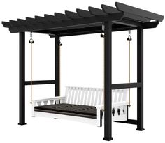 a white bench sitting under a black pergolan roof with two swings attached to it