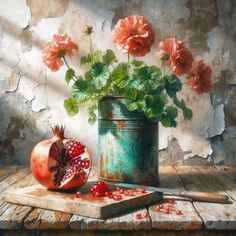 a painting of a pomegranate on a table next to a potted plant