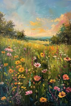 an oil painting of flowers in a field