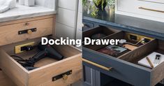 an open drawer in a kitchen next to a sink and counter top with the words docking drawer on it