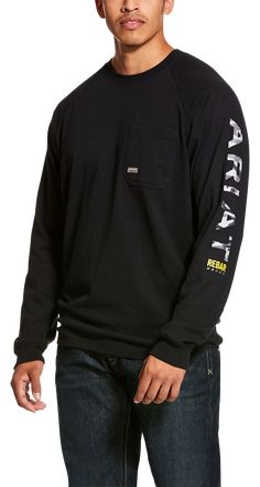 Ariat Rebar CottonStrong Graphic Long-Sleeve Pocket T-Shirt for Men | Bass Pro Shops Black Long Sleeve T-shirt For Outdoor, Long Sleeve Graphic Print T-shirt For Work, Black Casual Top For Outdoor Work, Casual Black Top For Outdoor Work, T Shirts Men, Pocket Tshirt, Printed Sleeves, Work Shirts, T Shirt For Men