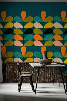 A depiction of the Mid-Mod Colorful Leaves on Teal Wallpaper, exhibiting a vibrant pattern of colorful foliage set against a rich teal backdrop. Blue Teal Wallpaper, Teal Wall Decor, Leaves Wallpaper, Mid Mod, Leaf Wallpaper, Old Wallpaper, Colorful Leaves, Wallpaper Paste