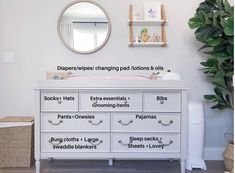 a white dresser with drawers and labels on it