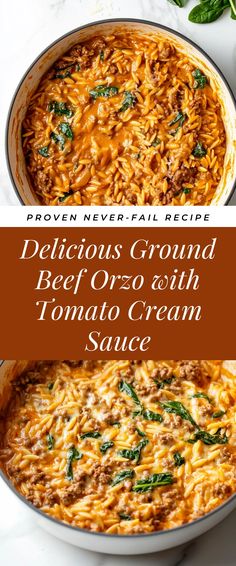 Image for Delicious Ground Beef Orzo with Tomato Cream Sauce Tomato Beef Orzo, Ground Beef Recipes With Orzo, Creamy Beef Orzo, Dinners With Orzo, Ground Beef Orzo Soup, Ground Beef With Orzo, Creamy Ground Beef Orzo, Hamburger And Orzo Recipes, Beef Orzo Soup Recipes