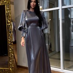 New Elegant Satin Luxury Lantern Sleeve Party Evening Dresses for Women Fashion Long Sleeve Gray Black Lantern, Fancy Dresses Long, Silk Dress Long, Muslim Dress, French Grey, Fashion 2024, Modest Fashion Outfits, Abayas Fashion, Lantern Sleeve