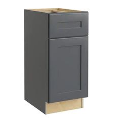 a gray cabinet with two doors and one drawer on the bottom, in front of a white background