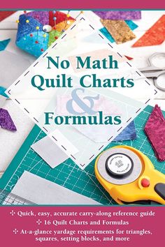 the cover of no math quilt chart and formulas with scissors, tape, thread, and other crafting supplies