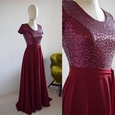 The 'Sara' burgundy gown features a boat neckline. Sequin A-line style supper flattering bodice, and the long floor-length pleated gathered chiffon skirt with matching belt, dress can The gown is fully lined so it is soft and comfortable on the inside. → This Feminine Elegant Dress Can Be Customized For Different Sleeve Length, Neckline Etc. or make other changes to the design/shape and for more extensive design changes Inc. ( Sold Separately ) → Plus Sizing & Maternity Requirements To Accommoda Burgundy Evening Dress For Wedding And Prom, Burgundy Evening Dress For Wedding Or Prom, Burgundy Evening Dress For Wedding And Prom Season, Burgundy Wedding Dress With Sweep Train, Burgundy Maid Of Honor Dress, Burgundy Bridesmaid Dress, Sequin Bridesmaid Dress, Maid Of Honor Dress, Burgundy Gown