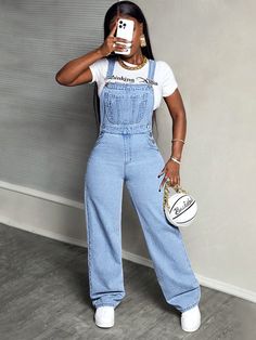 Women's Solid Color Simple Daily Denim Overalls Blue Casual  Sleeveless Denim Plain Overall Non-Stretch  Women Clothing, size features are:Bust: ,Length: ,Sleeve Length: Outfit Salopette Jeans, All Jean Outfits For Women, Jumpsuits Outfit Ideas, All Jean Outfits, Wide Leg Overalls Outfit, Light Blue Denim Outfit, Salopette Outfit, Overalls Outfit Fall, Jean Overall Outfits