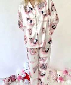 Kawaii Pajamas Cute Cartoon Print Sleepwear For Home, Pink Kawaii Loungewear Sets, Kawaii White Sleepwear For Home, Cute Cartoon Print Sleep Sets, Cute Cartoon Print Sleepwear Sets, Kawaii Pink Sleepwear For Bedtime, Cute White Sets For Home, Kawaii Long Sleeve Pajama Party Sets, Kawaii White Sleepwear For Pajama Party