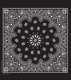 a black and white bandanna with an intricate design on the front, in square format