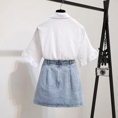 Fashion Blouse+denim Pleated Skirt P11509 Summer Pleated Short Denim Skirt, Blue Cotton Pleated Denim Skirt, Blue Pleated Cotton Denim Skirt, Short Pleated Cotton Denim Skirt, High-waisted Pleated Denim Mini Skirt, Denim Pleated Skirt, Fashion Blouse, Denim Blouse, Blouse Styles