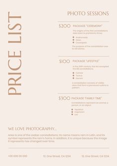 the pricing sheet for an event