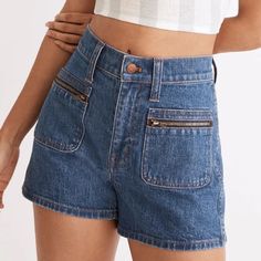 The Cut: With A High Fitted Waist And An Easy A-Line Shape, These Jean Shorts Have Zippered Patch Pockets That Are Very '70s. The Fabric: Our Best-Selling Heritage Stretch Denim Has An Old-School Look And A Touch Of Give For A Perfectly Broken-In Feel. Front Rise: 10 3/4"; Inseam: 3 1/2". 99% Cotton/1% Spandex Heritage Stretch Denim. Zipper Pockets; Clean Finished Hems. Spring Mid-rise Jean Shorts With Patch Pockets, Medium Wash Jean Shorts With Patch Pockets, High Waist Denim Shorts With Patch Pockets, High-waisted Denim Shorts With Patch Pockets, Utility Jean Shorts With Pockets, Utility Denim Shorts With Pockets, Medium Wash Denim Jean Shorts With Patch Pockets, Medium Wash Jeans Shorts With Patch Pockets, Short Jeans With Patch Pockets In Medium Wash