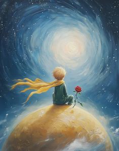 a painting of a little boy sitting on top of a rock with a rose in his hand