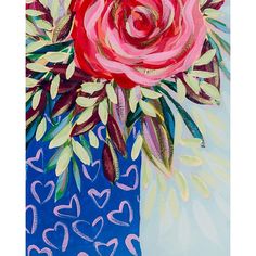 a painting of a pink rose in a blue vase with hearts painted on the side