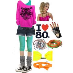 a woman in pink shirt standing next to neon colored clothing and accessories with i love 80s written on it