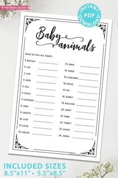 printable baby shower game with the words baby animals in black and white on it