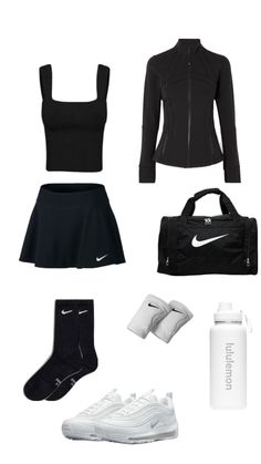 a woman's black and white outfit is arranged in the shape of a tennis racket