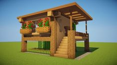 a small wooden house with plants on the balcony and stairs to the second floor is shown in this minecraft image