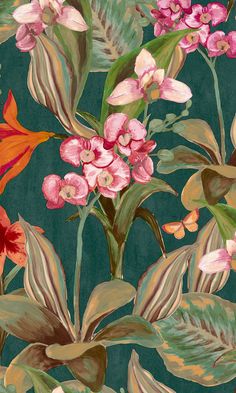 Hand painted orchids wallpaper Boho Living Room Inspiration, Room Inspired, Wallpaper For Sale, Art Nouveau Floral, Boho Living Room Decor, Tropical Wallpaper, Green Hand, Tropical Birds, Tropical Pattern