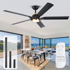 a living room with a ceiling fan and remote control