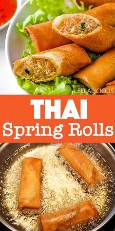 thai spring rolls with dipping sauce on the side and an image of rice in a frying pan