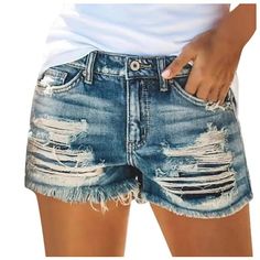 Distressed Ripped Blue Denim Jean Shorts - SHExFAB Casual Denim Shorts, Ladies Jeans, Hot Short, Ripped Denim Shorts, Moda Jeans, Ripped Shorts, Jeans Collection, Denim Patterns, Shorts Outfits