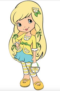 a cartoon girl with long blonde hair holding a bag and wearing yellow shoes, standing in front of a white background