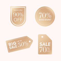 four gold price tags with special offers and discounts for sale on white background illustration