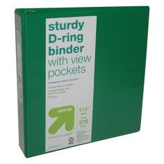 a green binder with the words study binder with view pockets