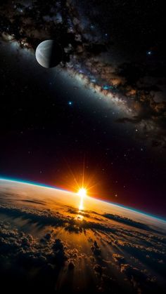 the sun rising over the earth with clouds and stars in the sky, as seen from space