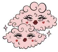 two pink clouds with eyelashes and stars on them, one has eyes closed while the other has