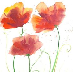 three red and yellow flowers on a white background with watercolor paint splatters