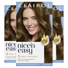 PRICES MAY VARY. Get permanent, silky, natural-looking hair color with Clairol Nice'n Easy 6 Light Brown. Creates 3 salon tones and highlights in 1 simple step using Color Blend technology Covers 100% of grays with complementary highlights and lowlights for an authentic look Our breakthrough non-drip Color Care permanent cream has conditioners built into every step to make your hair soft and shiny One hair color application kit: ColorBlend Formula, ColorBlend Activator, CC Plus ColorSeal Conditi Saloon Hair, Gray Coverage, Highlights And Lowlights, Hair Color Light Brown, Beauty Saloon, Permanent Hair Dye, Color Care, One Hair, Light Brown Hair