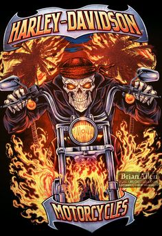 a skeleton riding on the back of a motorcycle with flames coming out of his hands