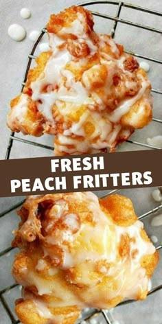 fresh peach fritters on a cooling rack with the words, fresh peach fritters