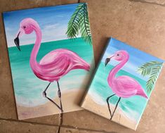 two paintings of pink flamingos on canvases with water and palm trees in the background