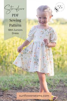 Strawflower is tailor-made for little ones who adore the joy of twirling! Designed to be a dress for all seasons, Strawflower is a true wardrobe staple. Whether it's a sunny summer day or a crisp autumn afternoon, your child will always have the perfect dress to wear. With our Strawflower PDF sewing patterns, you can create bespoke garments that reflect your child's unique personality and style. Let the twirling adventures begin! Random Sewing Projects, Vintage Baby Sewing Patterns, First Sewing Projects For Kids, Kids Dress Sewing Pattern, Smock Dress Pattern Free, Sewing Kids Clothes Patterns, Toddler Girl Dress Pattern, Fabric Scraps Ideas Sewing Projects, Kids Sewing Projects Beginner