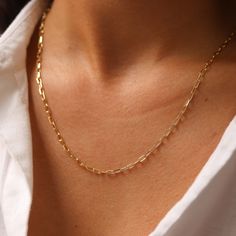 Solid 14K Gold Paper Clip Chain Necklace, Rectangle Long Link Necklace D E T A I L S * Gold KT: 14K Solid Gold * Gold Color: Yellow Gold * Chain Lengths: 6.5", 7", 7.5", 14", 16", 18", 20", 22", 24" * Chain Width: 1mm, 1.8 mm, 2.7mm, 3mm * Chain Style: Paper Clip S H I P P I N G & R E T U R N S * Ready to Ship in 1-2 Business Days * FREE shipping on all U.S. orders  * Packed in labeled gift box C O N T A C T Contact us with any inquiries by Etsy convo! S H O P Check out my shop https://www.etsy. Formal Rectangular Delicate Chain Necklace, Gold Rectangular Minimalist Chain Necklace, Gold Rectangular Chain Necklace In Minimalist Style, Minimalist Gold Rectangular Chain Necklace, Gold Chain Necklace With Rectangular Cable Chain Pendant, Elegant 14k Gold Filled Rectangular Necklace, Modern Rectangular Figaro Chain Jewelry, Elegant Tarnish Resistant Rectangular Chain Necklace, Classic Rectangular Tarnish Resistant Chain Necklace