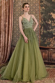 Sage green sleeveless gown with sequin, cutdana, bead, stone embroidery in rose pattern. - Aza Fashions Stone Embroidery, Tulle Embroidery, Green Tulle, Gown For Women, Gown Pattern, Sleeveless Gown, Beaded Neckline, Sweetheart Neck, Rose Pattern