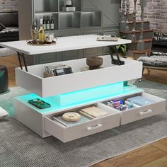 a modern coffee table with drawers and lights on it's sides in a living room