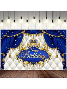 a blue and gold birthday backdrop with the words happy birthday on it in front of a stage