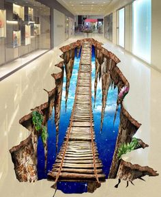 an image of a wooden bridge in the middle of a floor that looks like it has fallen