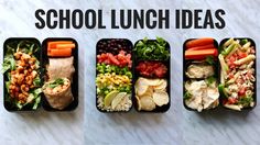 three lunch boxes filled with different types of food and the words school lunch ideas on them