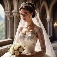 a woman in a wedding dress holding a bouquet and wearing a tiara on her head